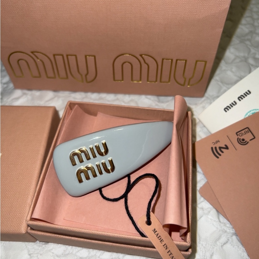 Miu Miu Light Gray Hair Clip with Gold Logo